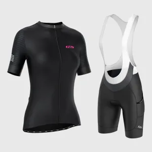 Fdx Women's & Girl's Set Essential Black Short Sleeve Cycling Jersey & Cargo Bib Shorts