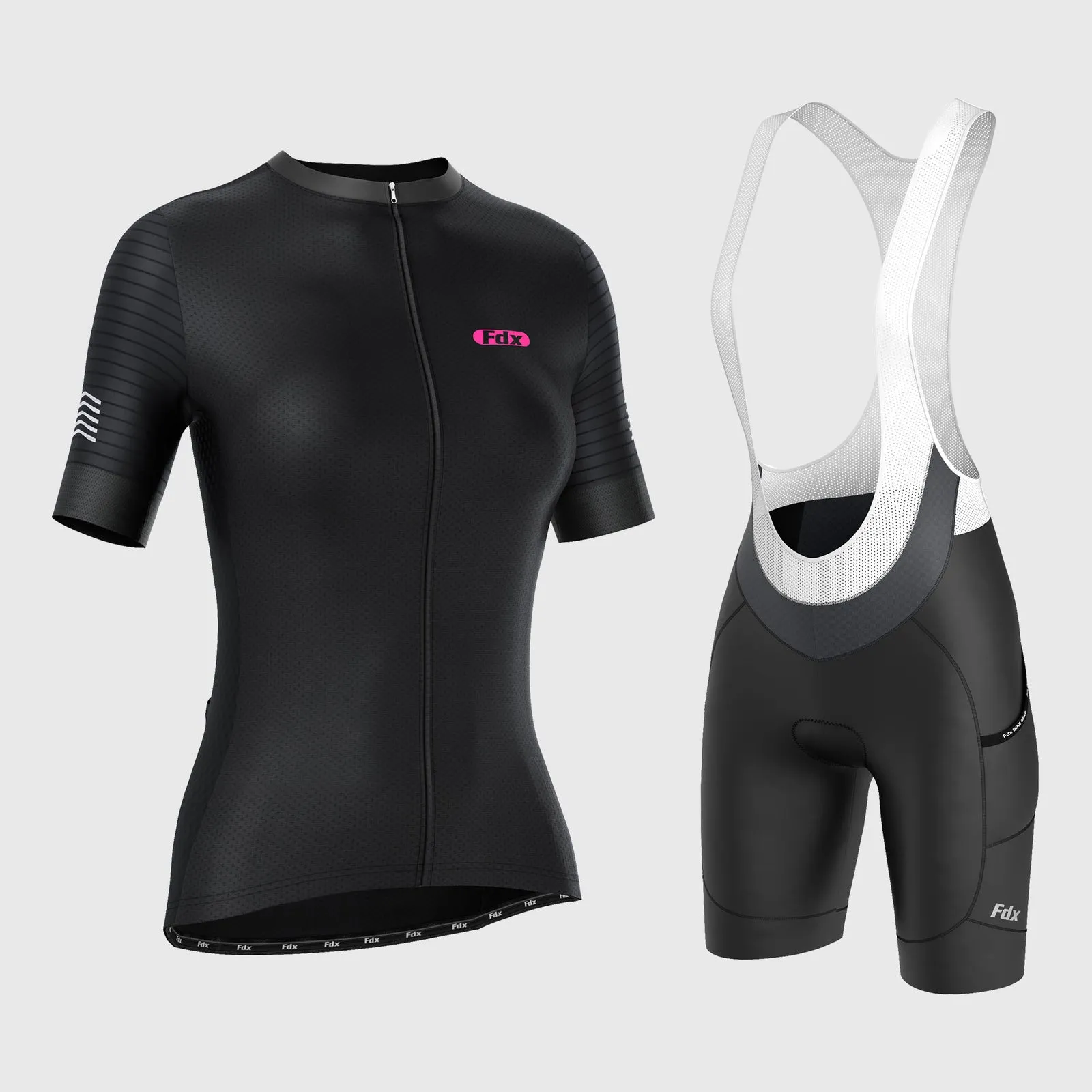 Fdx Women's & Girl's Set Essential Black Short Sleeve Cycling Jersey & Cargo Bib Shorts