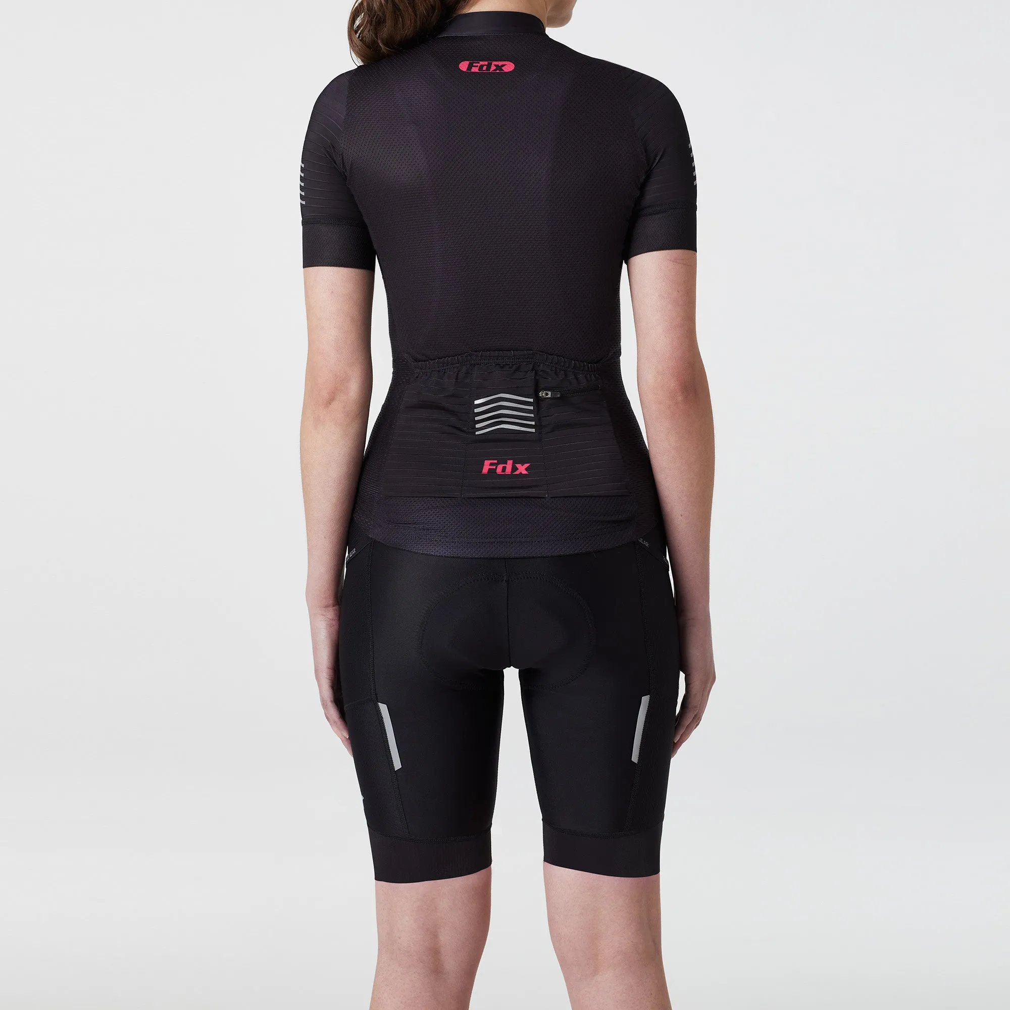 Fdx Women's & Girl's Set Essential Black Short Sleeve Cycling Jersey & Cargo Bib Shorts