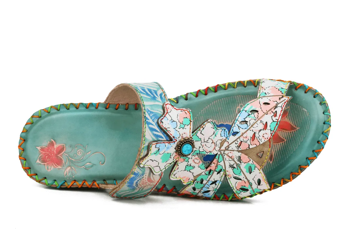 Genuine Leather Opal Deco Flower Cut Leather Sandals Slides - Green