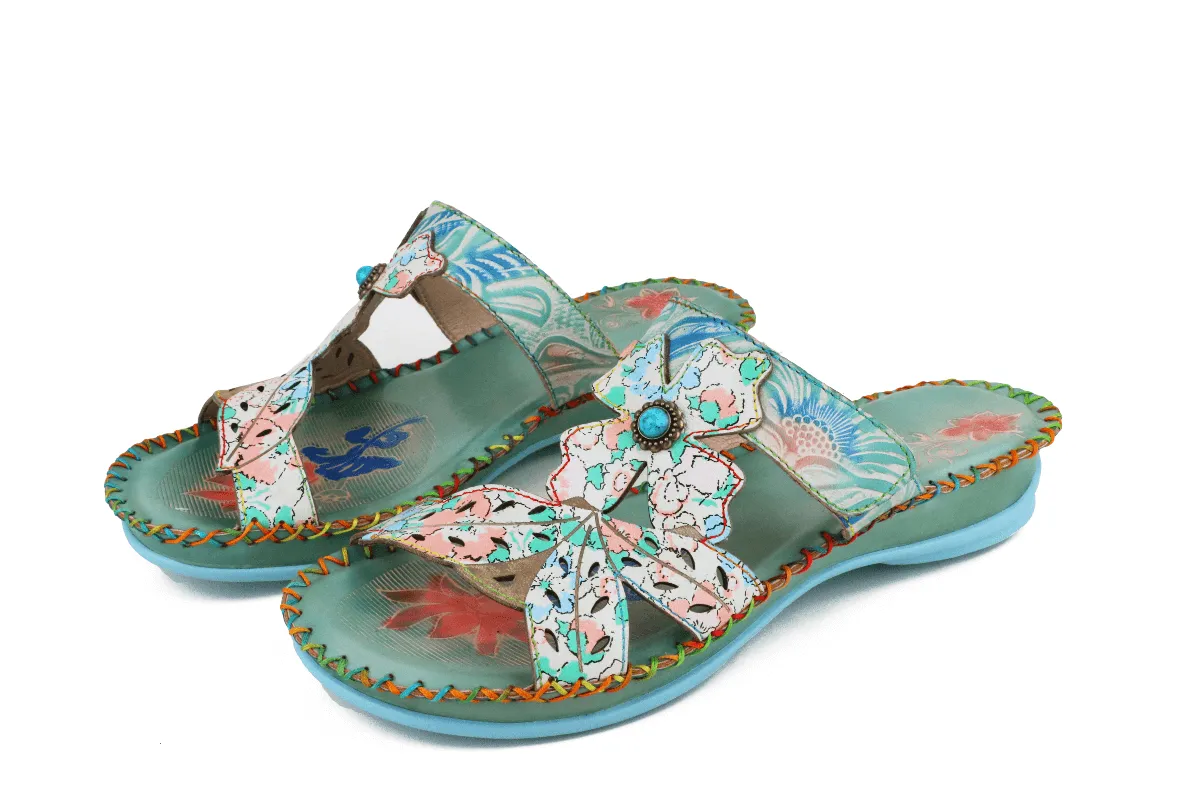 Genuine Leather Opal Deco Flower Cut Leather Sandals Slides - Green