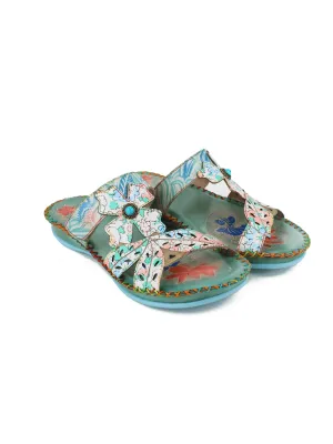 Genuine Leather Opal Deco Flower Cut Leather Sandals Slides - Green