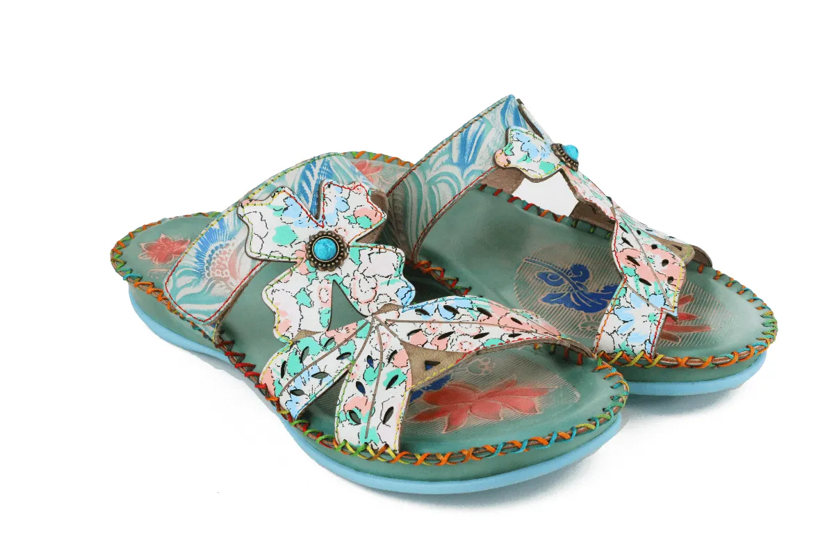 Genuine Leather Opal Deco Flower Cut Leather Sandals Slides - Green