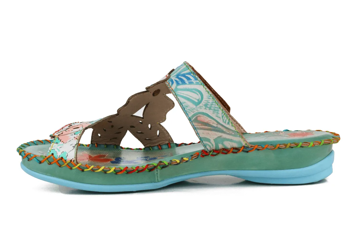 Genuine Leather Opal Deco Flower Cut Leather Sandals Slides - Green