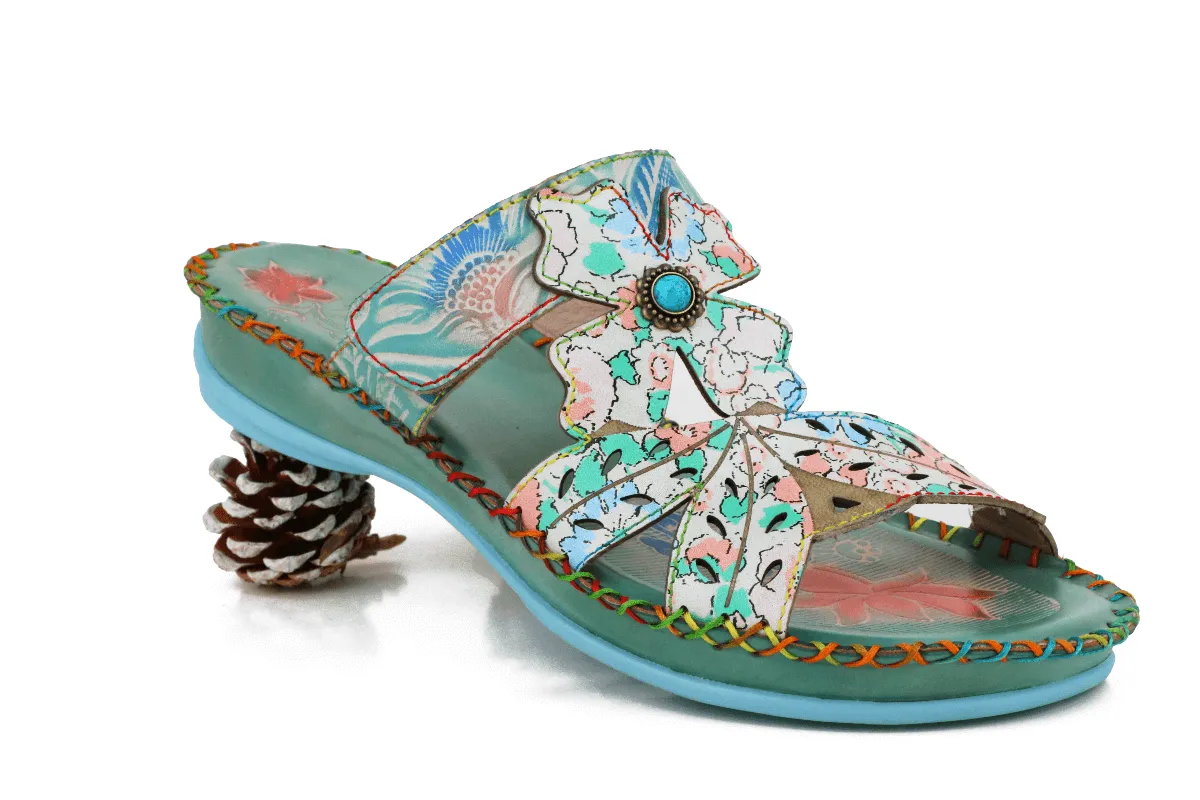 Genuine Leather Opal Deco Flower Cut Leather Sandals Slides - Green