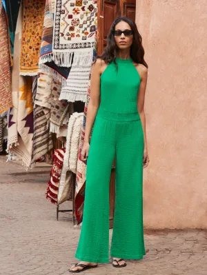 Green Shirred Waist Cheesecloth Jumpsuit