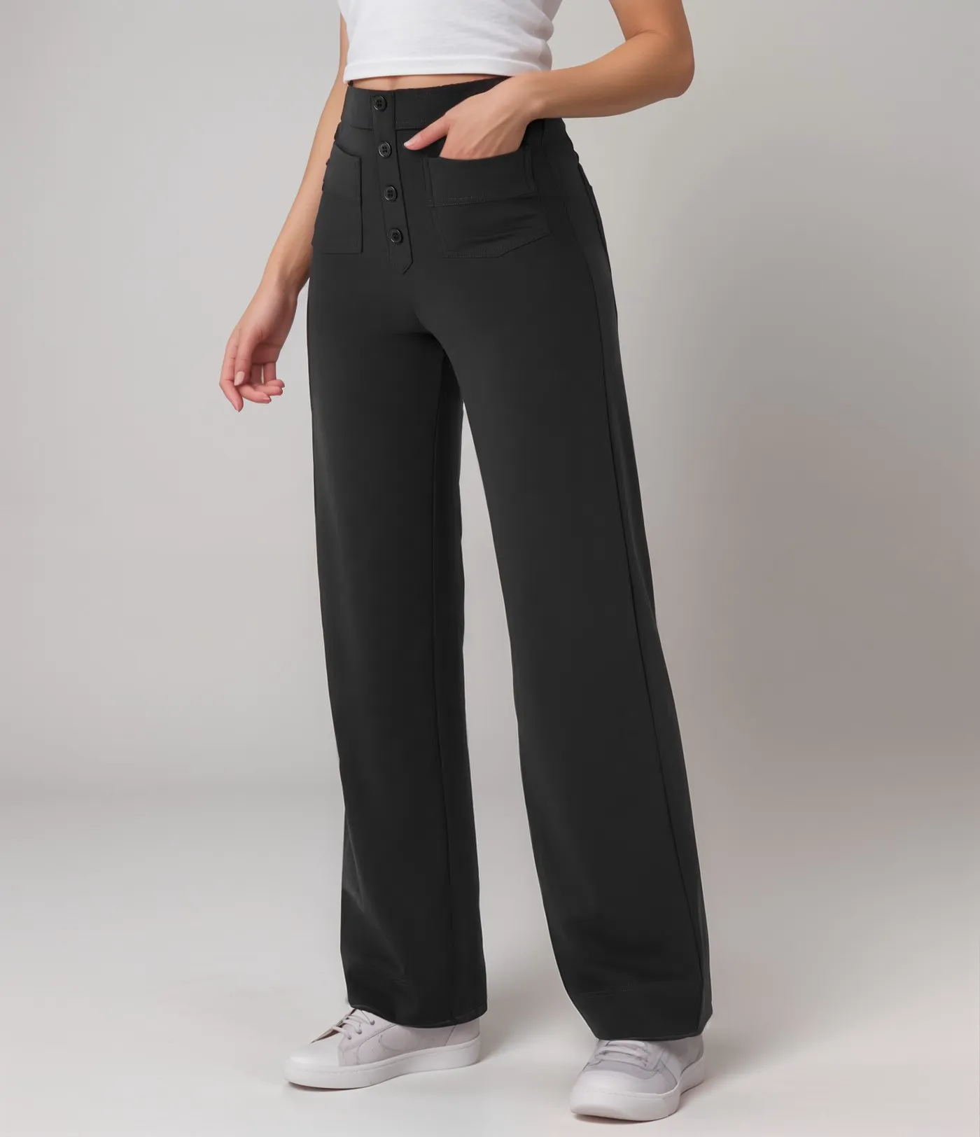High-Waisted Pants – Button Front – Stretch Comfort Fit