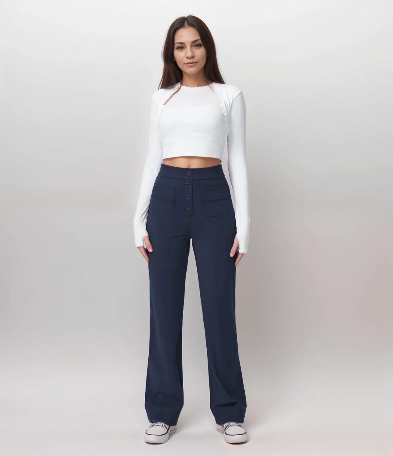 High-Waisted Pants – Button Front – Stretch Comfort Fit