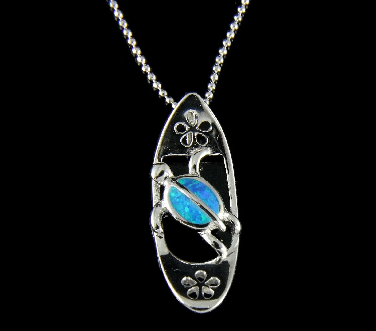 INLAY OPAL HAWAIIAN HONU TURTLE SILVER 925 SURFBOARD PLUMERIA SLIDE PENDANT