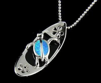 INLAY OPAL HAWAIIAN HONU TURTLE SILVER 925 SURFBOARD PLUMERIA SLIDE PENDANT