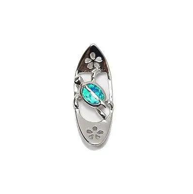 INLAY OPAL HAWAIIAN HONU TURTLE SILVER 925 SURFBOARD PLUMERIA SLIDE PENDANT