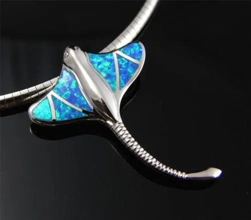 INLAY OPAL HAWAIIAN LONG TAIL STINGRAY SLIDE PENDANT 925 STERLING SILVER 29MM