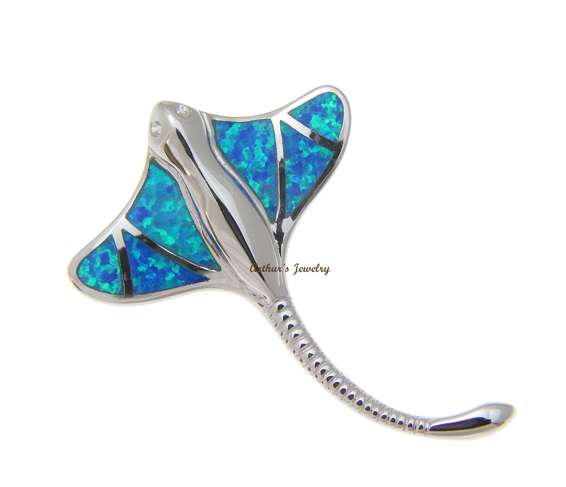 INLAY OPAL HAWAIIAN LONG TAIL STINGRAY SLIDE PENDANT 925 STERLING SILVER 29MM