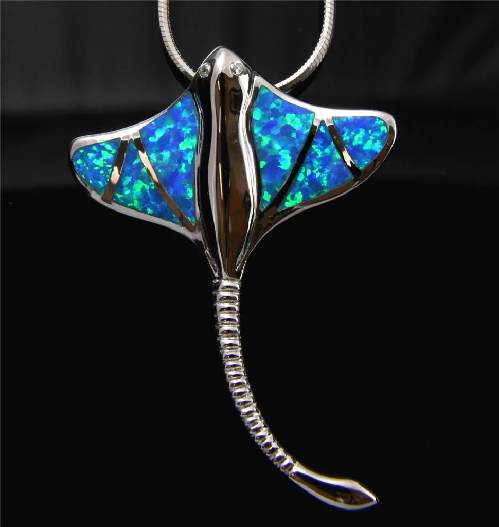 INLAY OPAL HAWAIIAN LONG TAIL STINGRAY SLIDE PENDANT 925 STERLING SILVER 29MM