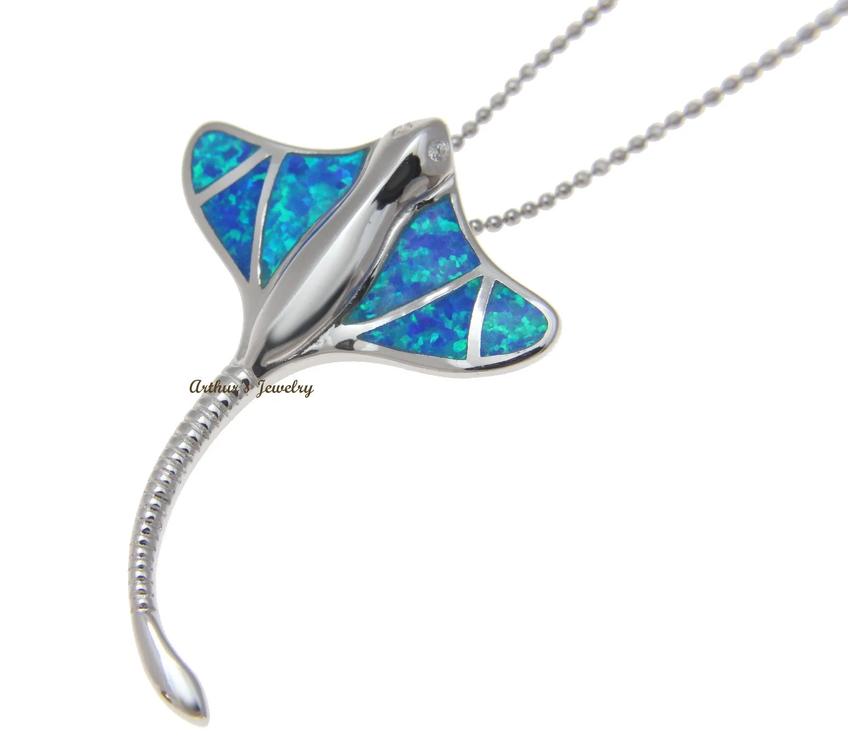 INLAY OPAL HAWAIIAN LONG TAIL STINGRAY SLIDE PENDANT 925 STERLING SILVER 29MM