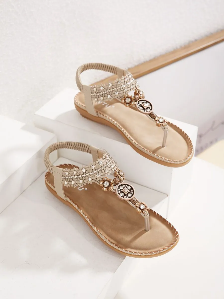 Khaki Floral-Accent Rhinestone Sandal