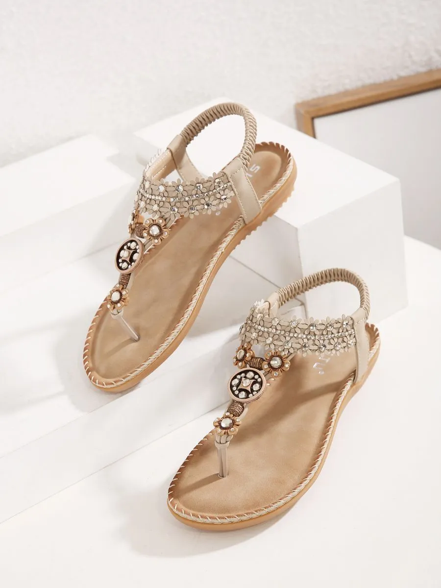 Khaki Floral-Accent Rhinestone Sandal