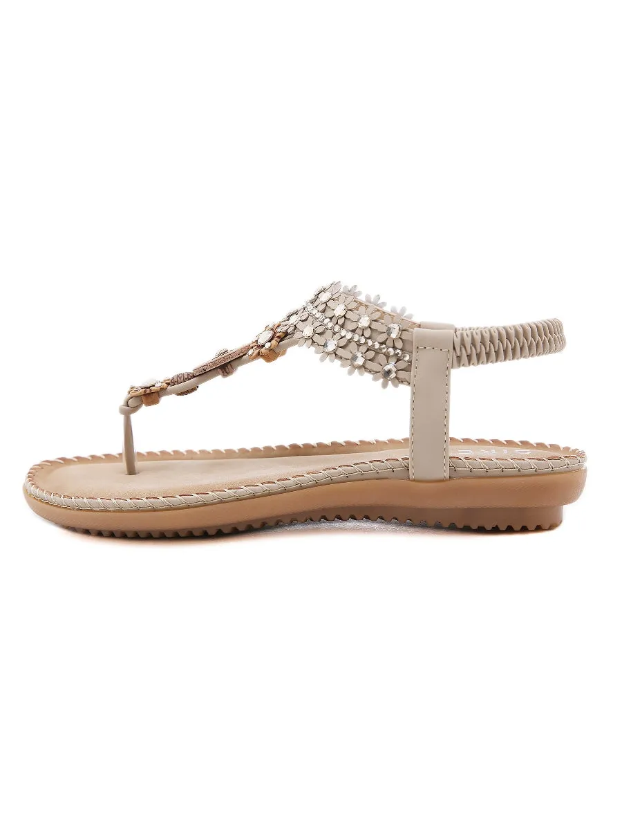 Khaki Floral-Accent Rhinestone Sandal