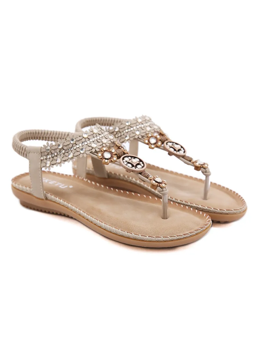 Khaki Floral-Accent Rhinestone Sandal