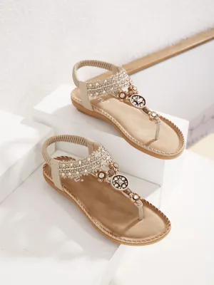Khaki Floral-Accent Rhinestone Sandal