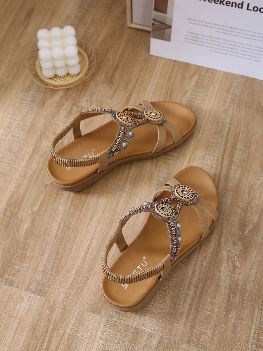 Khaki Geometric Rhinestone Sandal