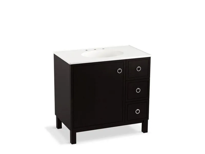 KOHLER K-99507-LGR-1WA Jacquard 36" bathroom vanity cabinet with furniture legs, 1 door and 3 drawers on right