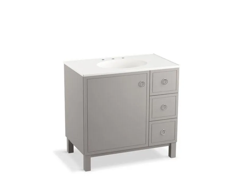 KOHLER K-99507-LGR-1WA Jacquard 36" bathroom vanity cabinet with furniture legs, 1 door and 3 drawers on right