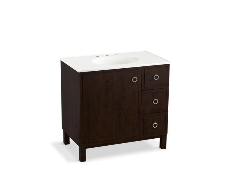 KOHLER K-99507-LGR-1WA Jacquard 36" bathroom vanity cabinet with furniture legs, 1 door and 3 drawers on right