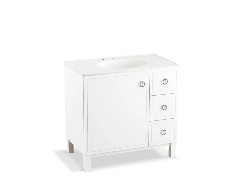 KOHLER K-99507-LGR-1WA Jacquard 36" bathroom vanity cabinet with furniture legs, 1 door and 3 drawers on right