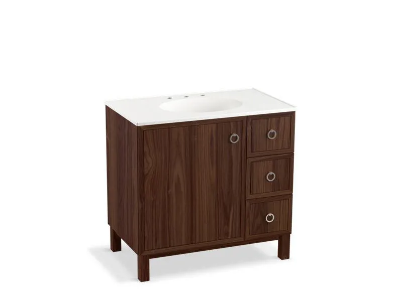 KOHLER K-99507-LGR-1WA Jacquard 36" bathroom vanity cabinet with furniture legs, 1 door and 3 drawers on right