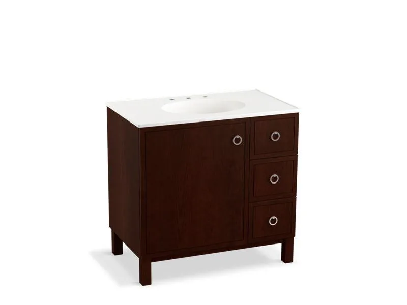 KOHLER K-99507-LGR-1WA Jacquard 36" bathroom vanity cabinet with furniture legs, 1 door and 3 drawers on right