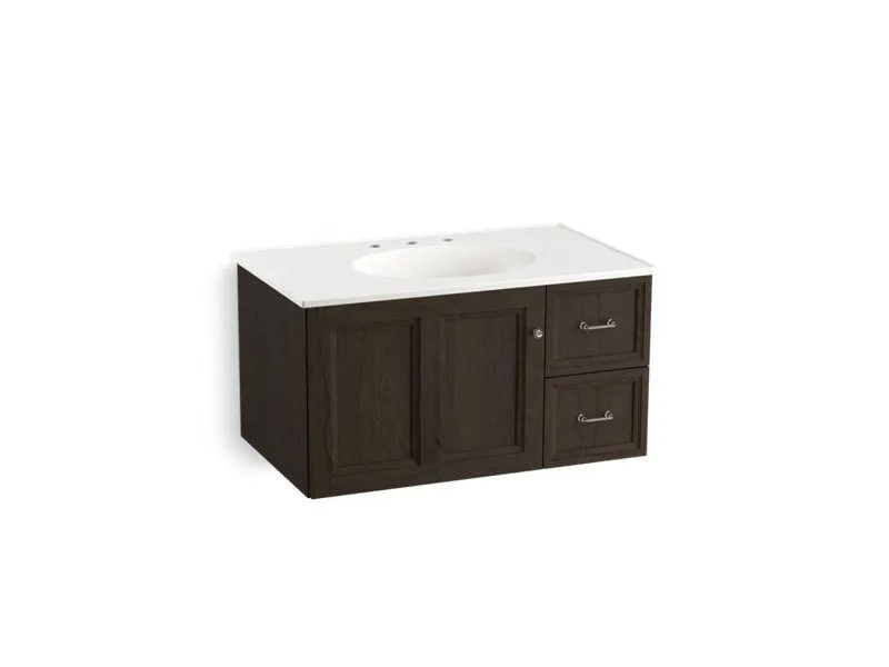 KOHLER K-99520-R-1WA Damask 36" wall-hung bathroom vanity cabinet with 1 door and 2 drawers on right