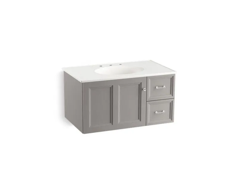 KOHLER K-99520-R-1WA Damask 36" wall-hung bathroom vanity cabinet with 1 door and 2 drawers on right