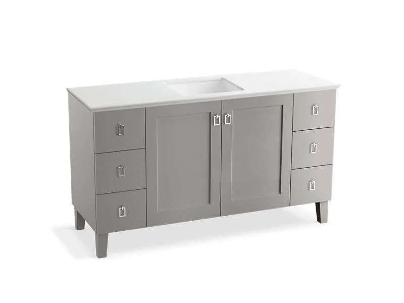 KOHLER K-99536-LGSD-1WA Poplin 60" bathroom vanity cabinet with legs, 2 doors and 6 drawers, split top drawers