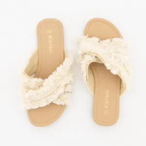Ladies Cross-Over Fringe Flat Sandal - White