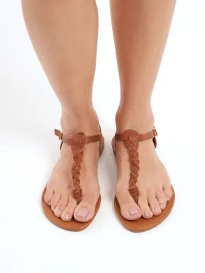 Ladies Thong Plaited Flat Sandal - Tan