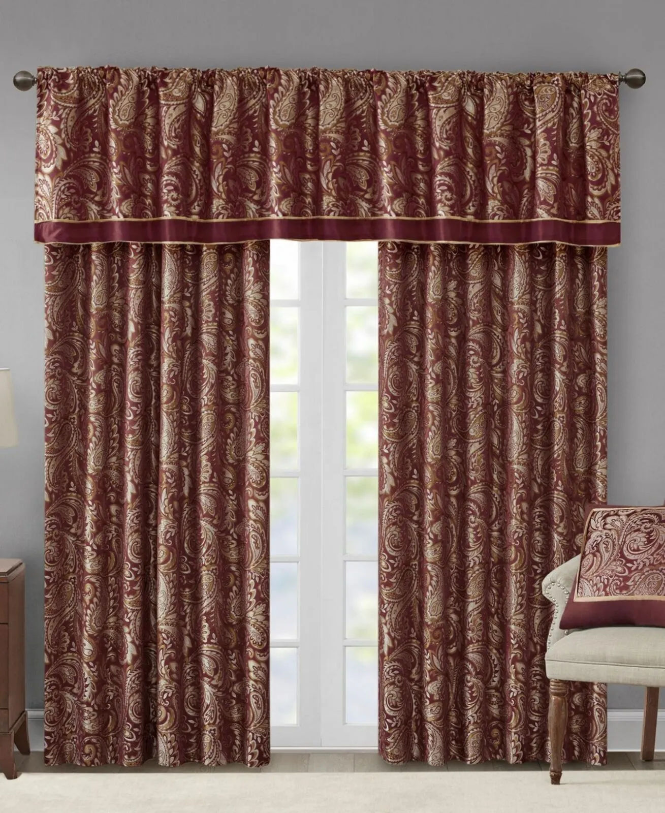 Madison Park Aubrey Set of 2 Panels Curtain Faux Silk Paisley Burgundy 84"x50"