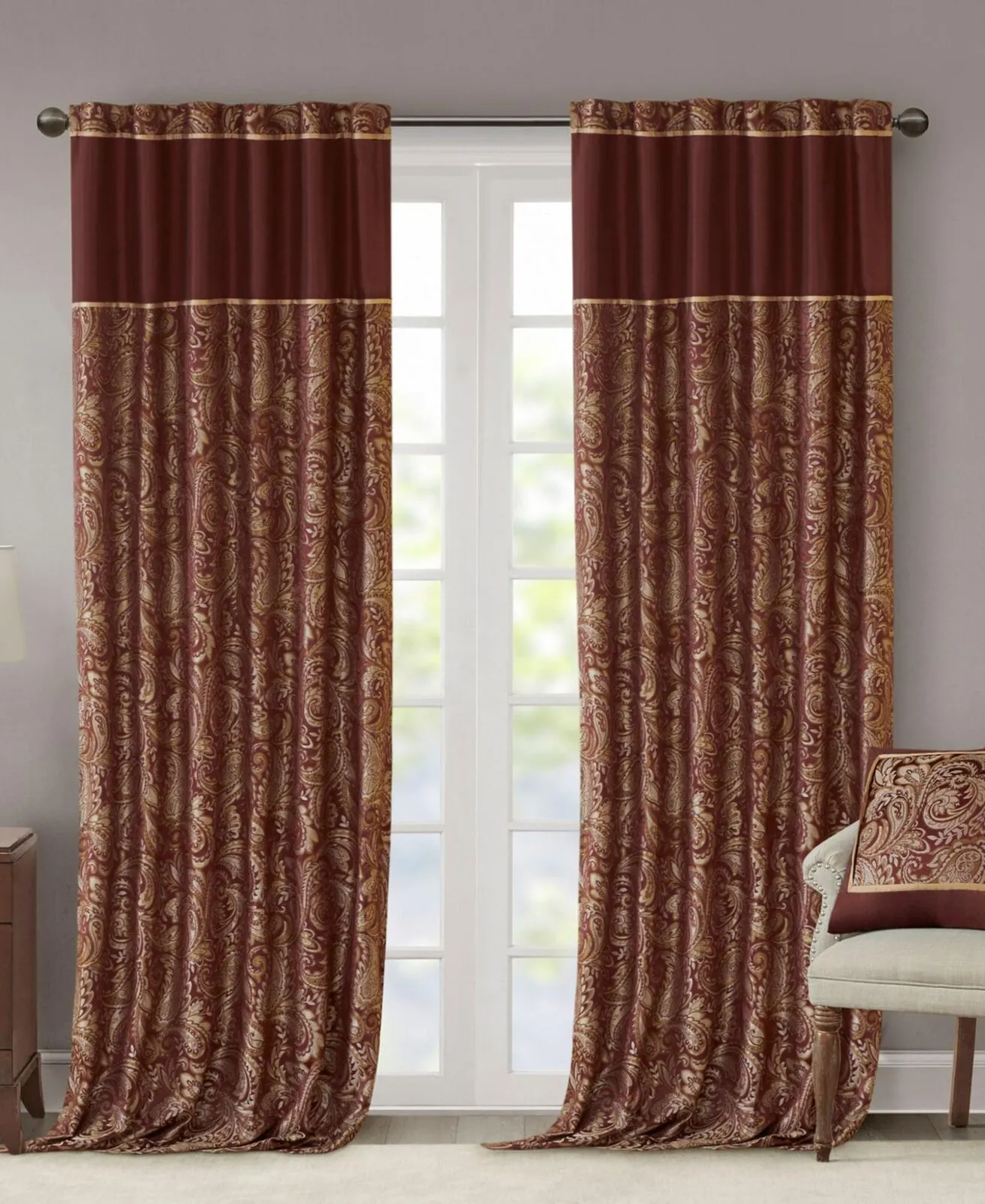 Madison Park Aubrey Set of 2 Panels Curtain Faux Silk Paisley Burgundy 84"x50"