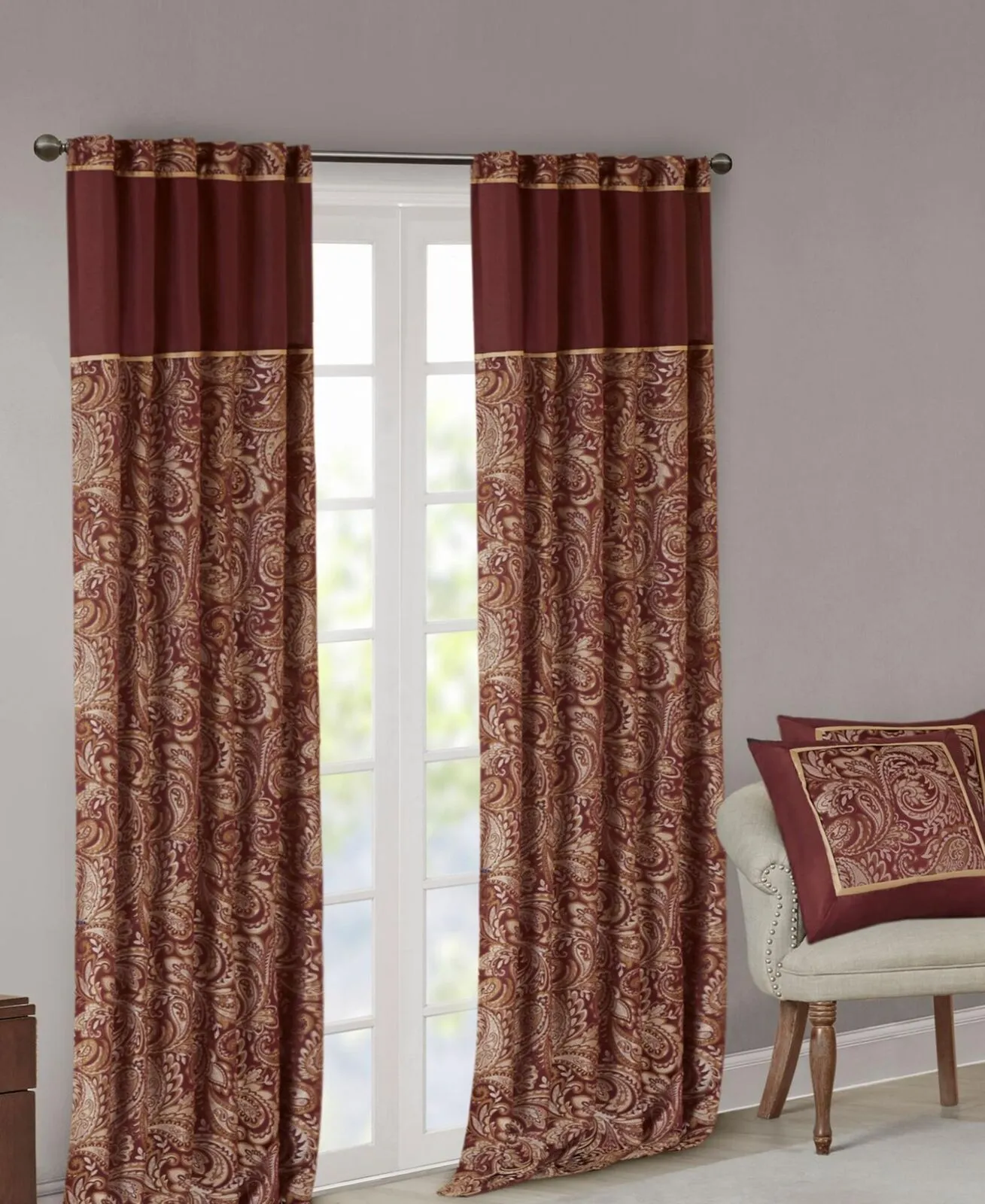Madison Park Aubrey Set of 2 Panels Curtain Faux Silk Paisley Burgundy 84"x50"