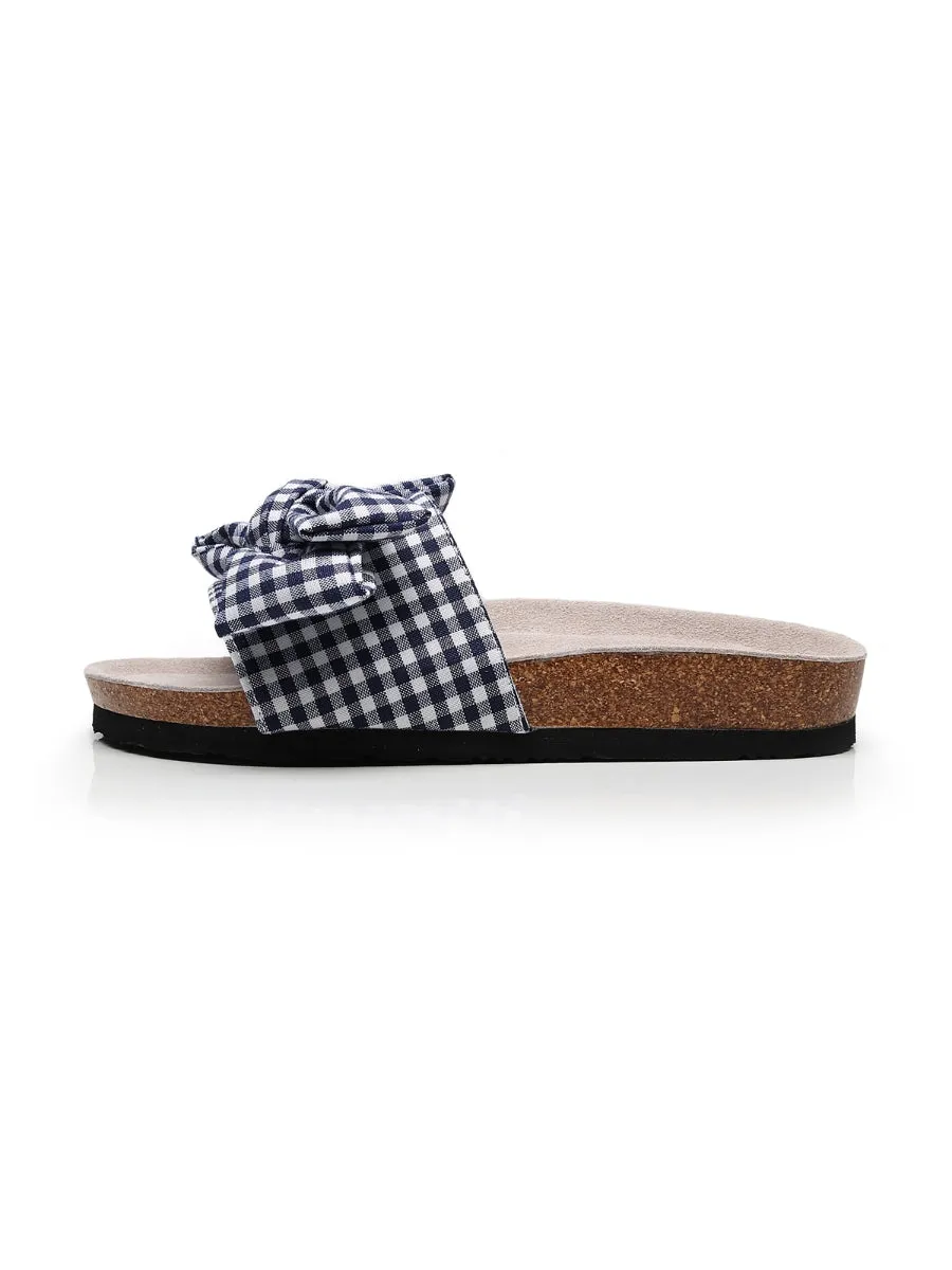 Navy Gingham Bow Sandals Slides