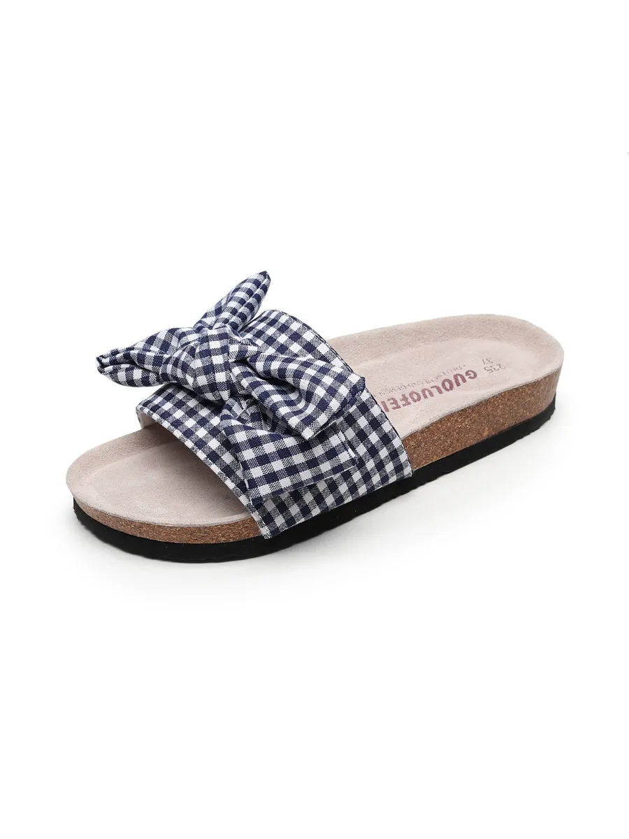 Navy Gingham Bow Sandals Slides