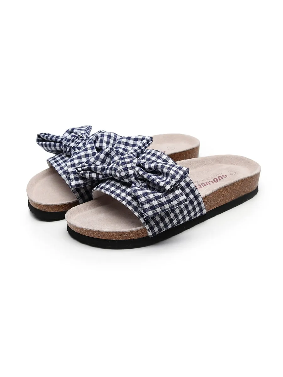 Navy Gingham Bow Sandals Slides