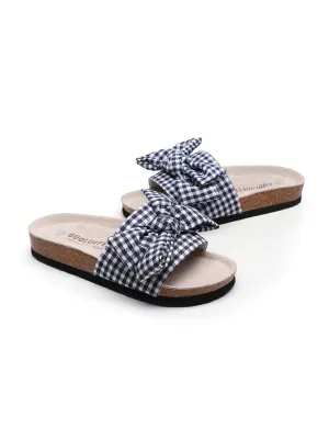 Navy Gingham Bow Sandals Slides
