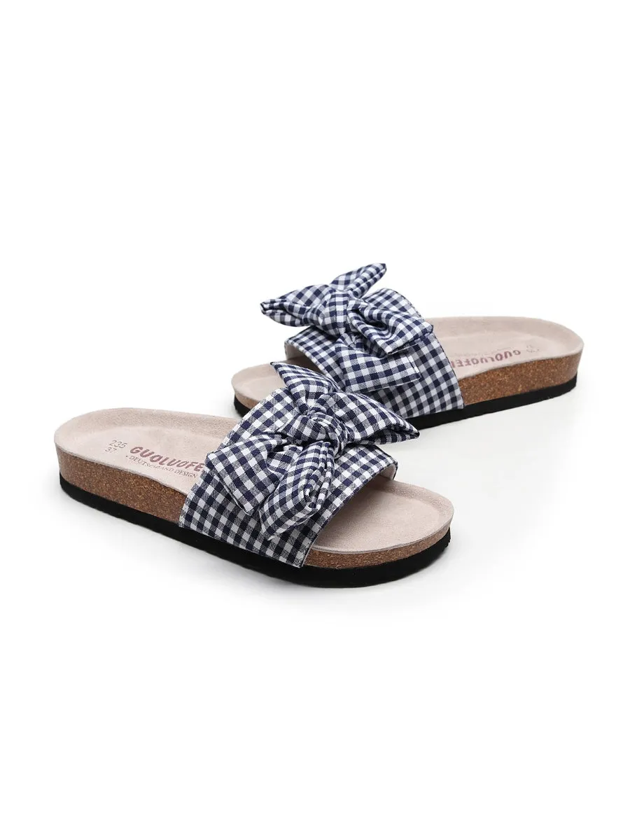 Navy Gingham Bow Sandals Slides