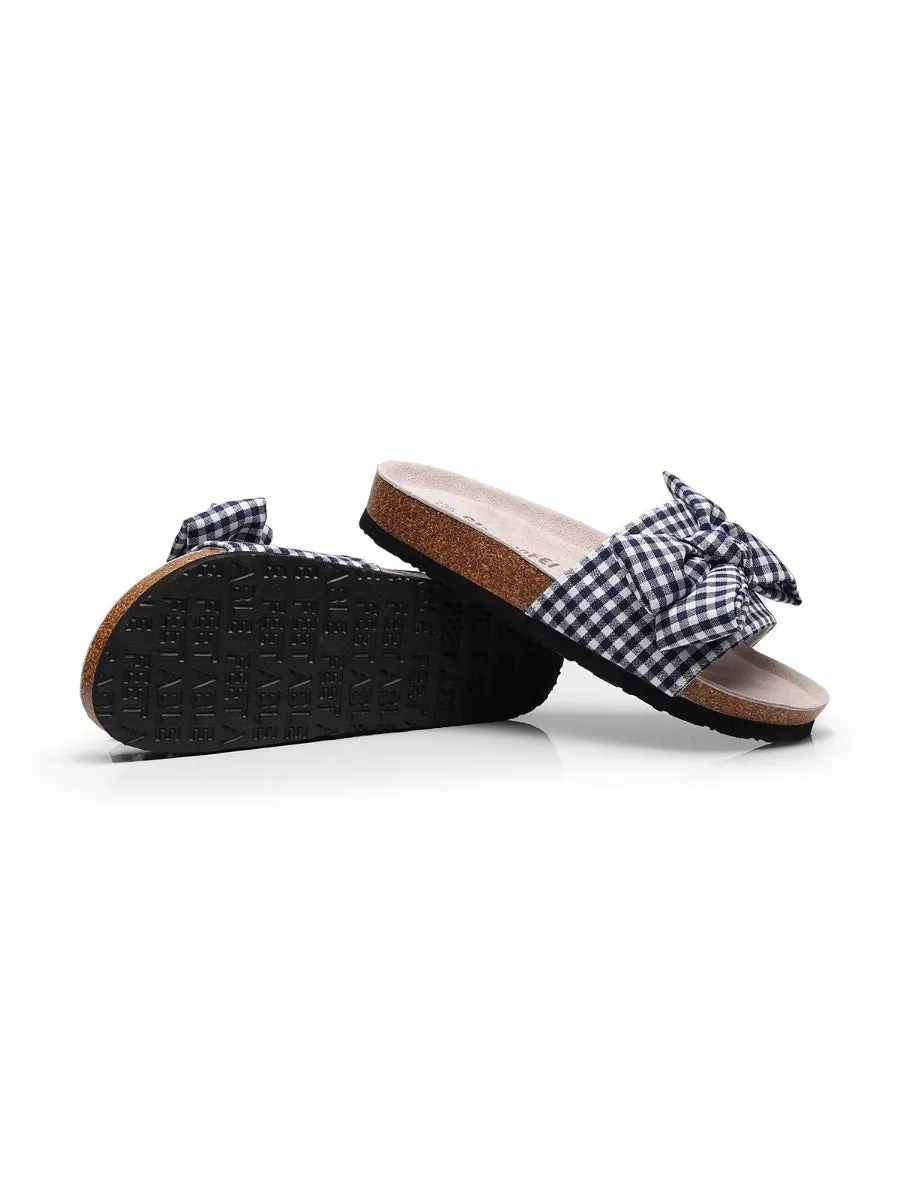 Navy Gingham Bow Sandals Slides