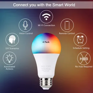 New MUE Home Smart LED Bulb, 9.5W A19 Light Bulb, WiFi 2700K Soft White   RGB Multicolor Changing, E26 Base, Works with Amazon Alexa, Google Home, Voice and Remote Control, Set Timer, UL Listed, 4 Pack