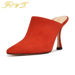 RED POINTED TOE WOMEN MULES HIGH THIN HEELS SLIPPERS SUMMER CASUAL DRESS OFFICE LADIES OUTSIDE SHOES LARGE SIZE 41 42 FOWT