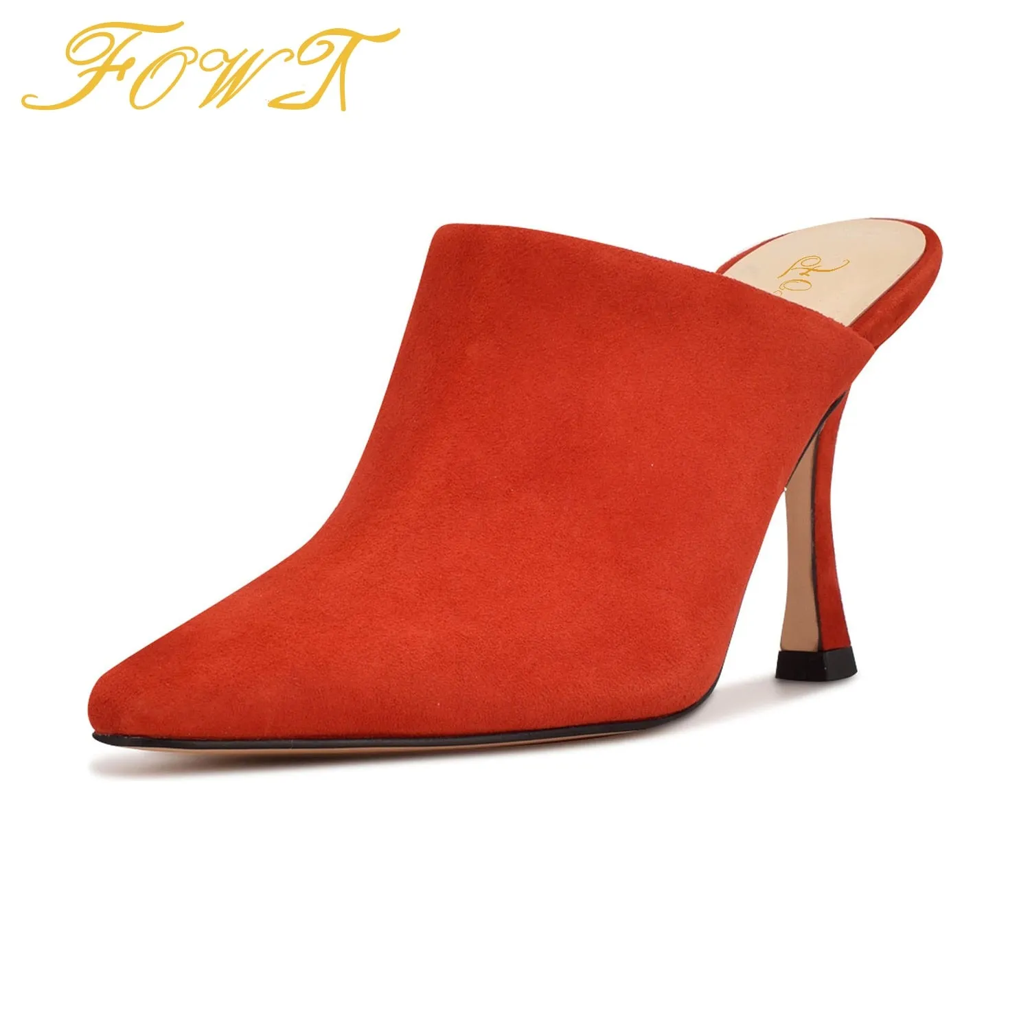 RED POINTED TOE WOMEN MULES HIGH THIN HEELS SLIPPERS SUMMER CASUAL DRESS OFFICE LADIES OUTSIDE SHOES LARGE SIZE 41 42 FOWT