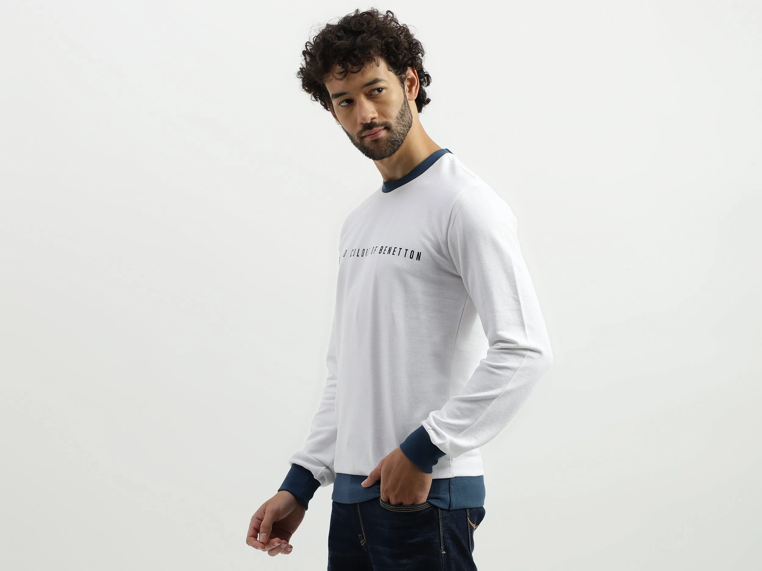 Regular Fit Round Neck Contrast Rib Branded Sweatshirt