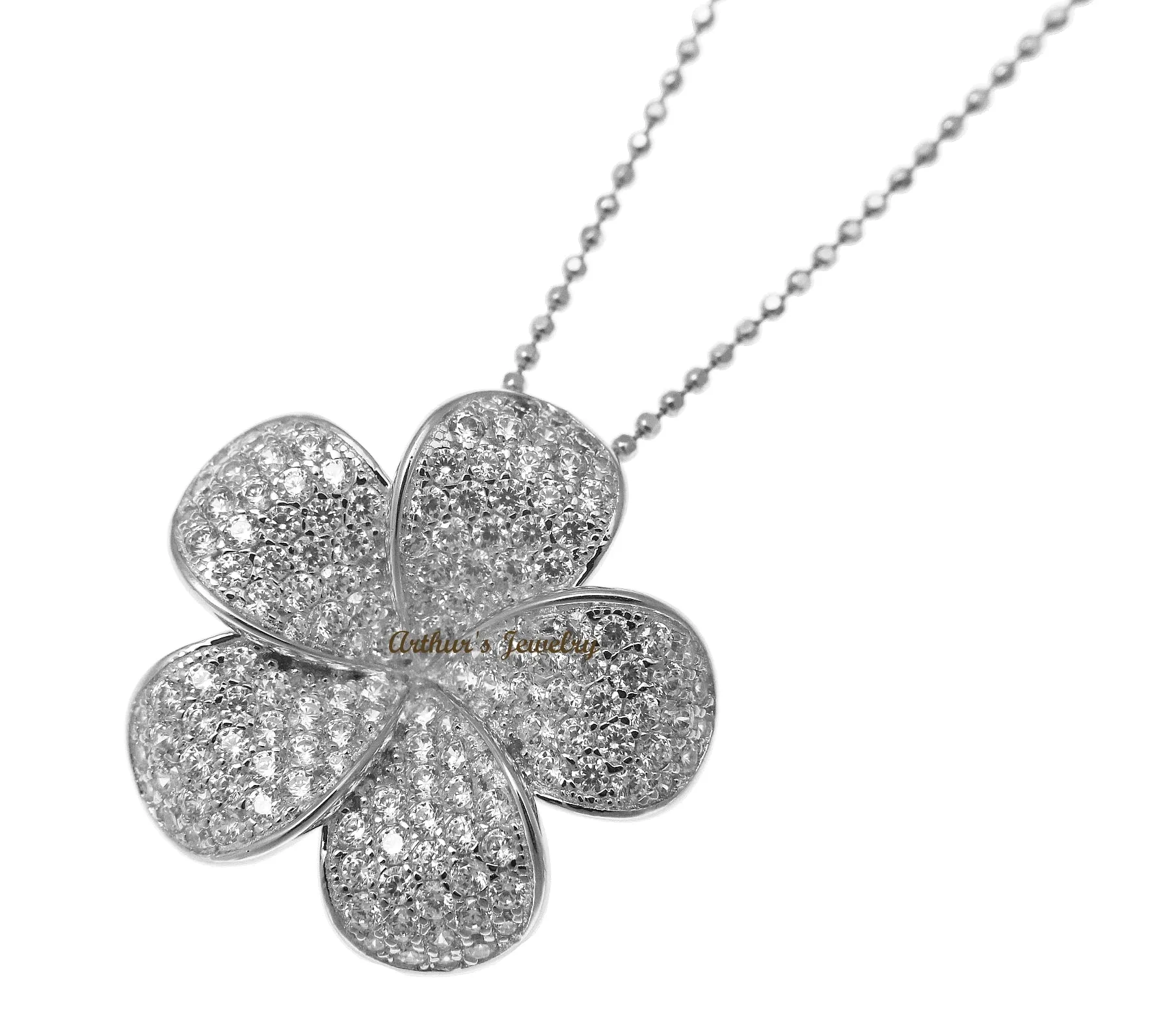 RHODIUM PLATED 925 SILVER HAWAIIAN PLUMERIA FLOWER SLIDE PENDANT CZ 24MM